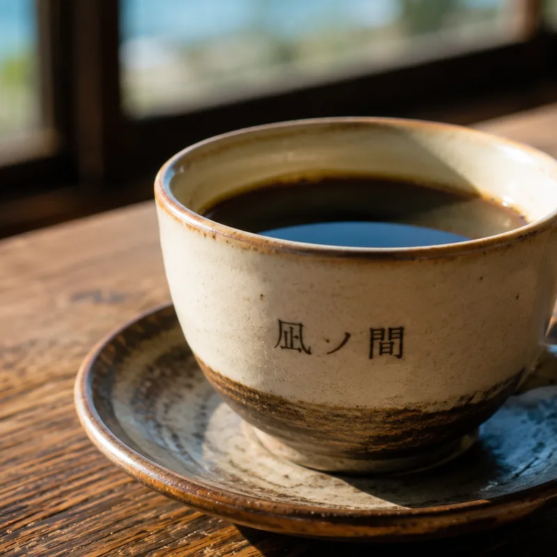 凪の間のロゴが入ったコーヒーカップ