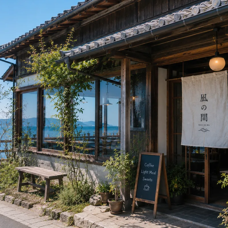 海沿いに建つ古民家カフェの外観