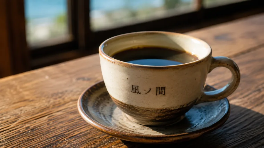窓辺に置かれた凪ブレンドのコーヒーカップ